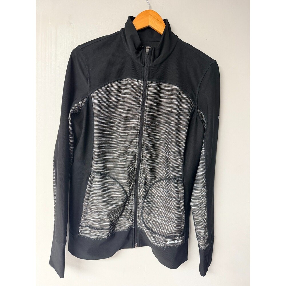 Eddie Bauer Motion Jacket Womens Large Black Gray Full Zip Thumbholes Stretch